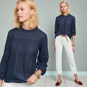 NWT Anthropologie Maeve Boho Peasant Women’s Reston Blouse In Navy Size Small